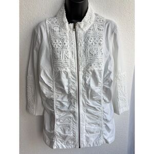 XCVI White Crochet Zip Jacket Size XL Bohemian Romantic Summer Boho Embroidered